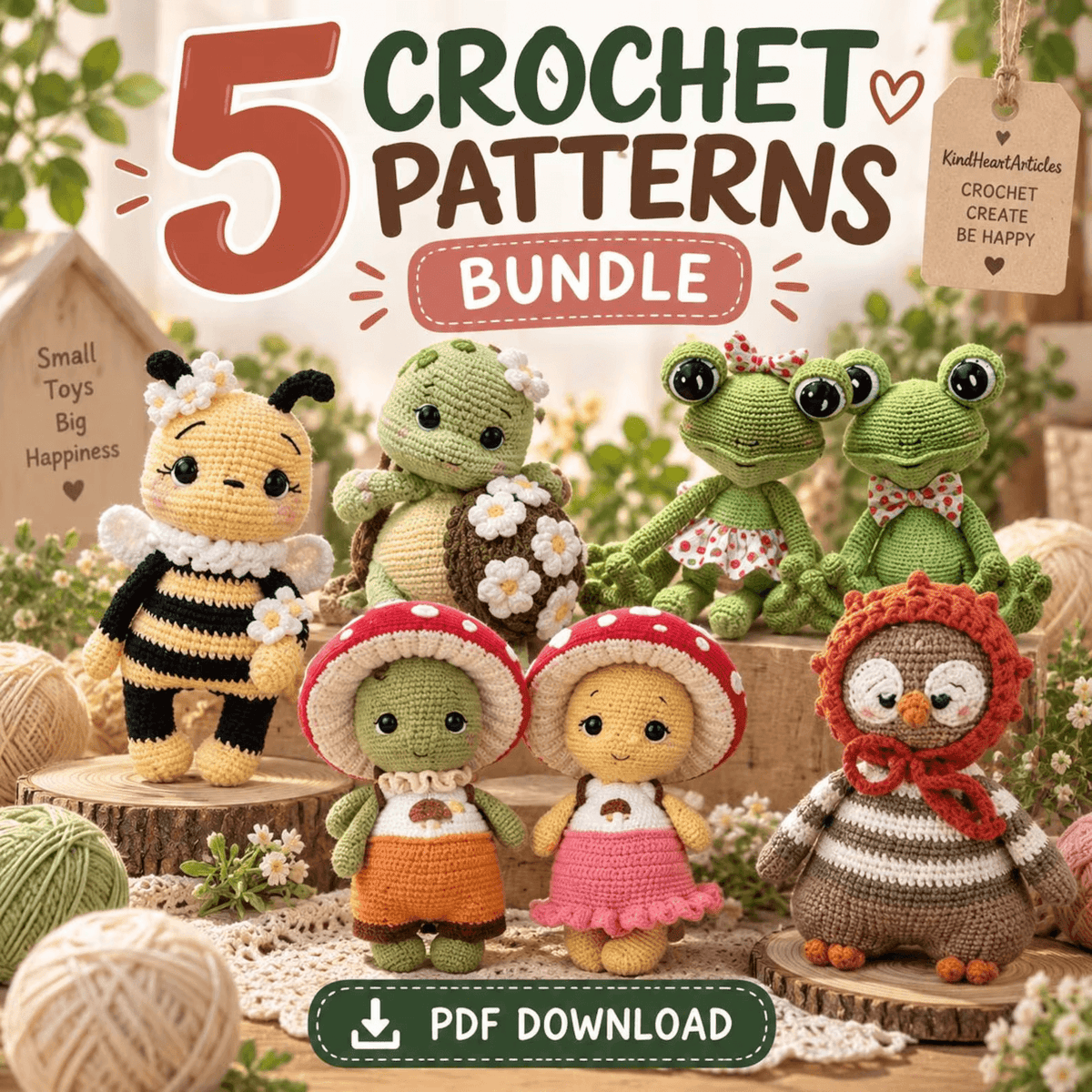 5 Crochet Patterns Bundle PDF – Cute Amigurumi Animals & Nature Collection