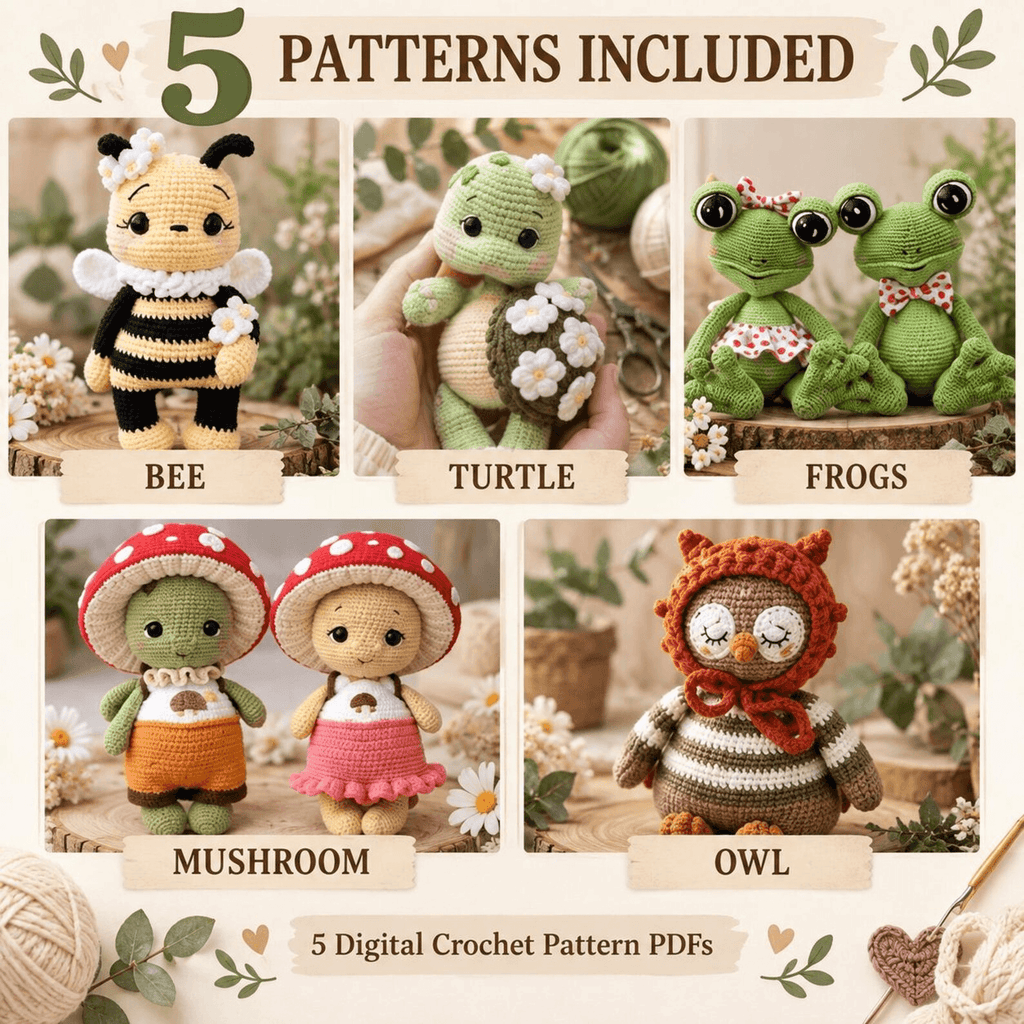 5 Crochet Patterns Bundle PDF – Cute Amigurumi Animals & Nature Collection
