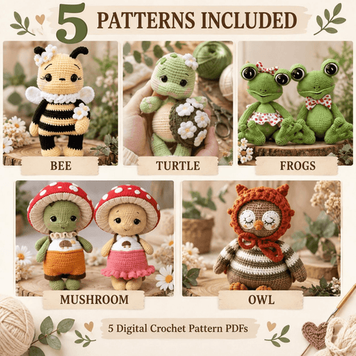 5 Crochet Patterns Bundle PDF – Cute Amigurumi Animals & Nature Collection