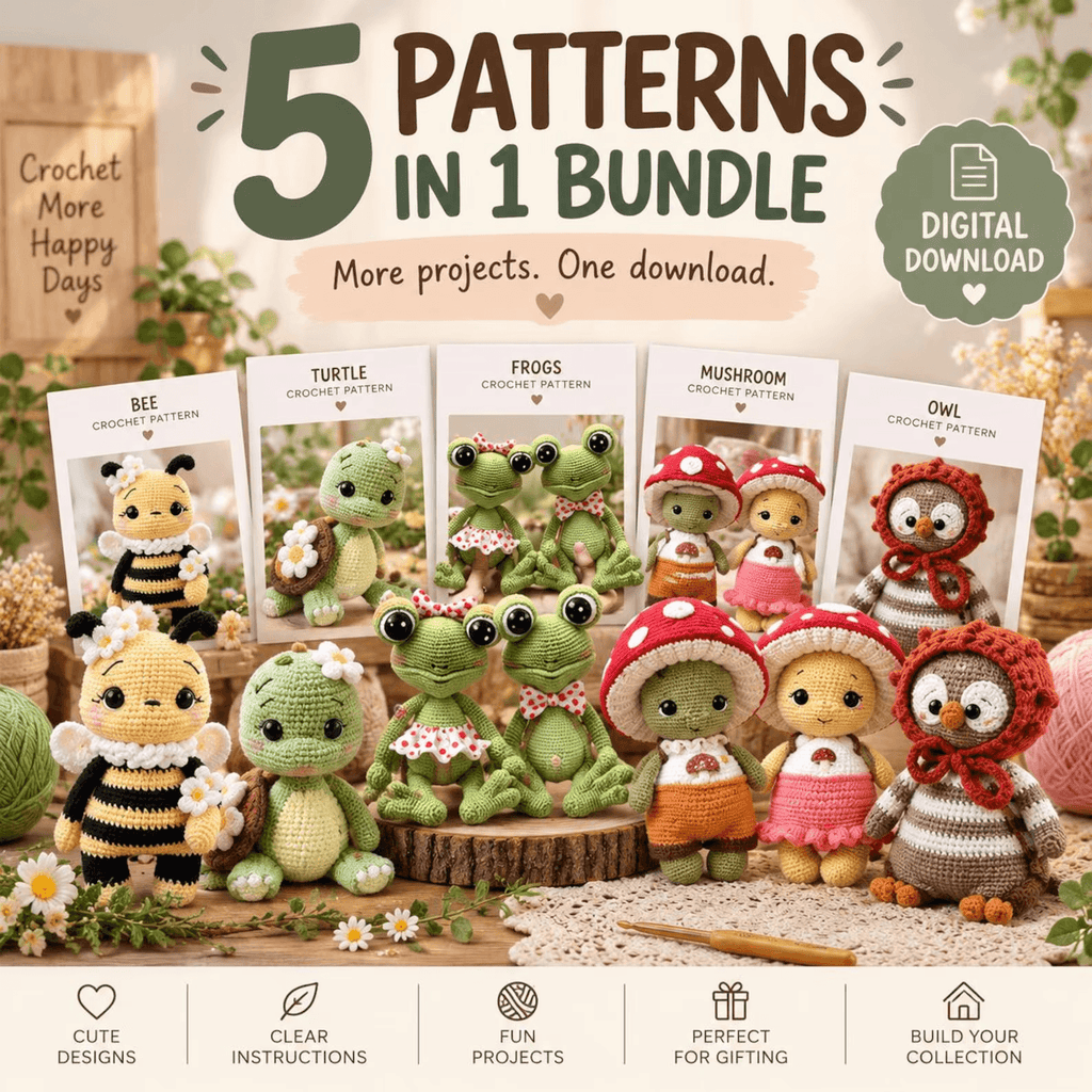 5 Crochet Patterns Bundle PDF – Cute Amigurumi Animals & Nature Collection